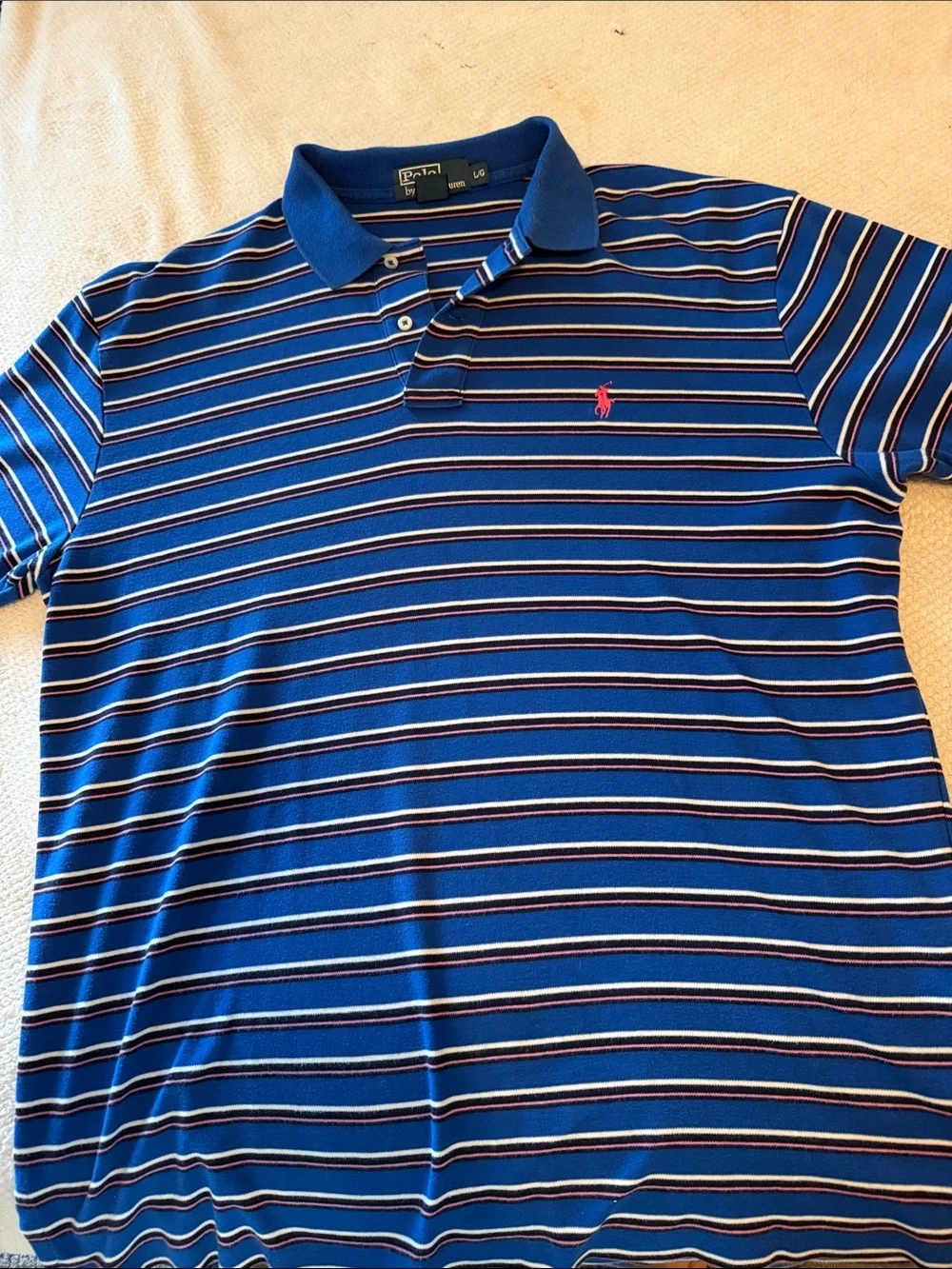 Polo by Ralph Lauren Blue Multi-Striped Polo with Pink Logo